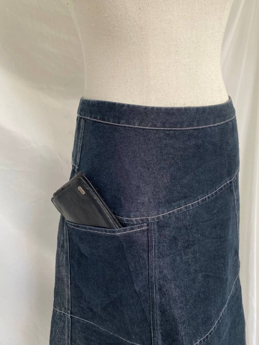 Y2K Dark Wash Denim Midi Skirt Asymmetrical Patchwork Panel A-Line Skirt - Picture 4 of 6